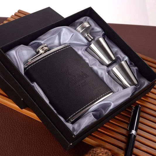 Hip Flask 4pc set 7oz Stainless Steel Leather Embossed